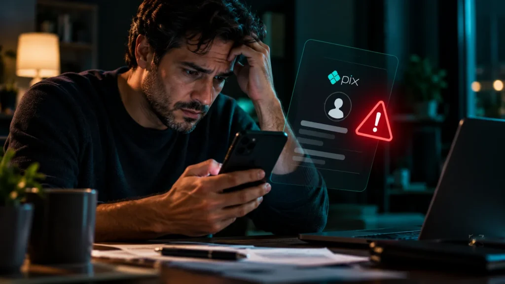 Homem preocupado observa o celular após uma transferência Pix suspeita, enquanto um alerta vermelho simboliza uma possível fraude financeira.