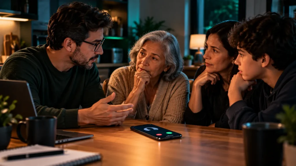 Família de diferentes gerações conversa ao redor de uma mesa com um celular, ilustrando a importância de combinar medidas de segurança contra golpes com voz clonada.