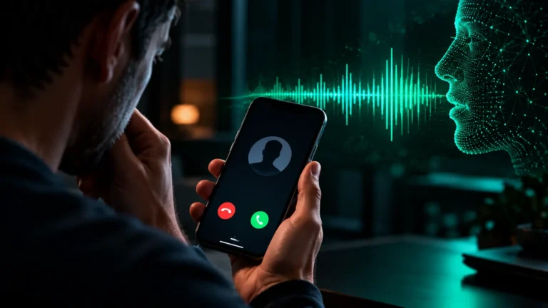 Homem observa uma chamada no celular enquanto uma onda sonora verde conecta o aparelho a um rosto digital, simbolizando a clonagem de voz por inteligência artificial.