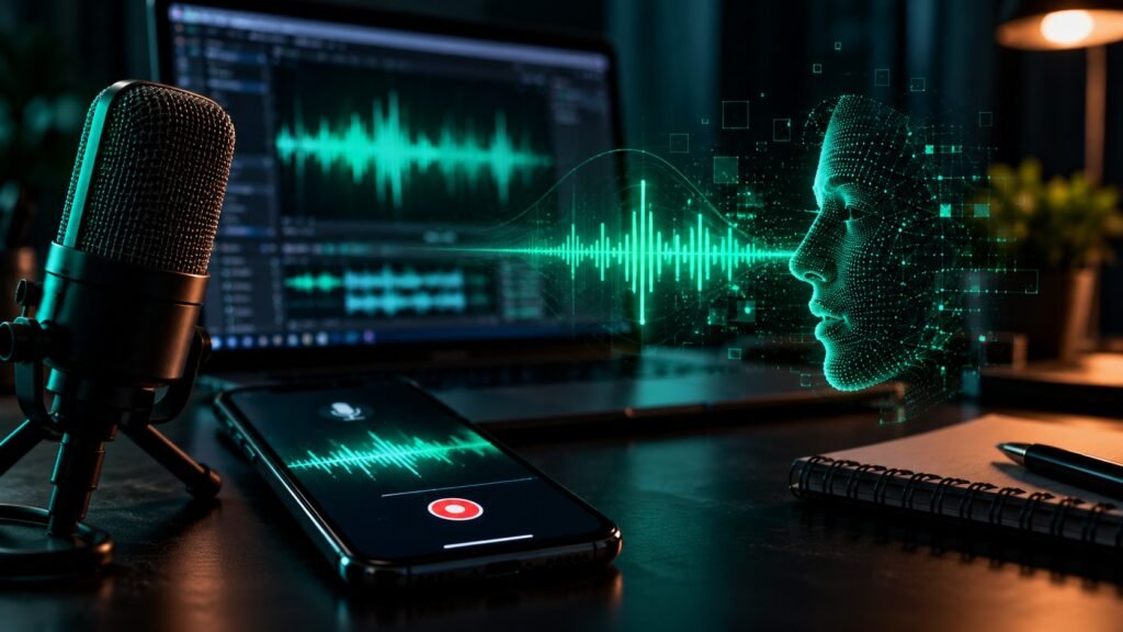 Microfone e celular exibindo ondas sonoras diante de um computador, com um rosto digital representando a clonagem de voz por inteligência artificial.