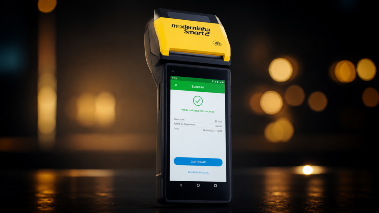 Maquininha PagBank em ambiente noturno, com tela exibindo pagamento aprovado