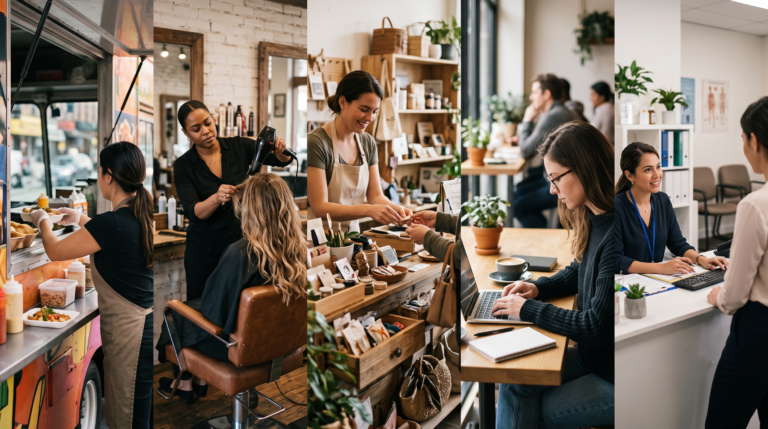 Maquininha por tipo de negócio: comerciantes atendendo clientes em diferentes segmentos