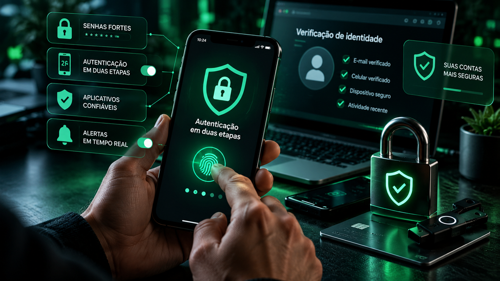 Pessoa ativando autenticação em duas etapas no celular, com recursos de proteção de contas e verificação de identidade digital.