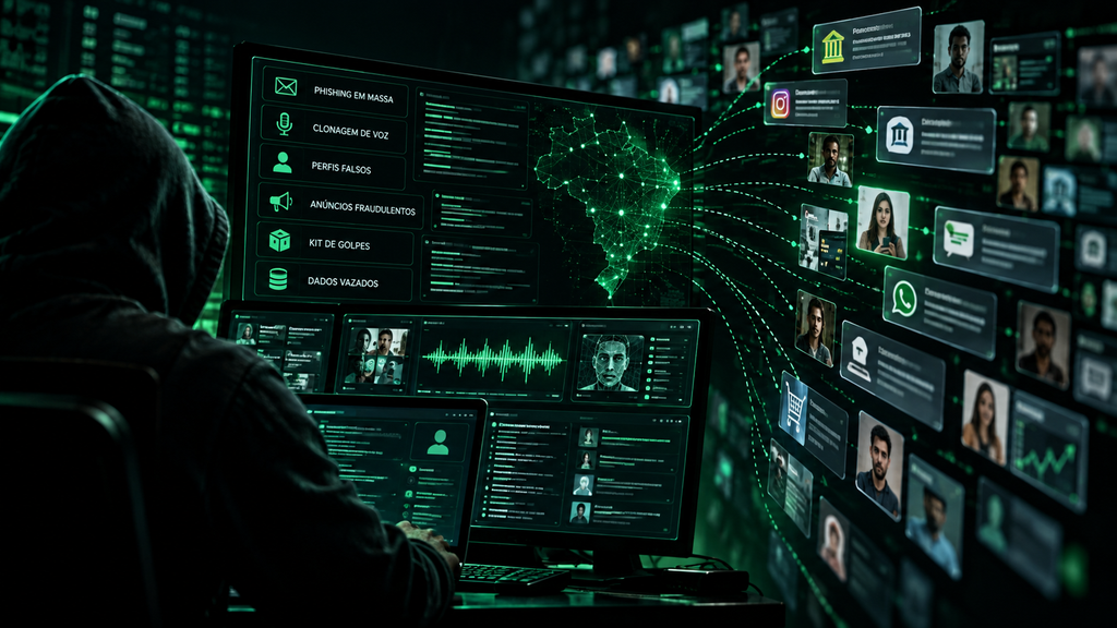 Ilustração conceitual de uma rede de fraudes digitais com perfis falsos, clonagem de voz e mensagens fraudulentas.