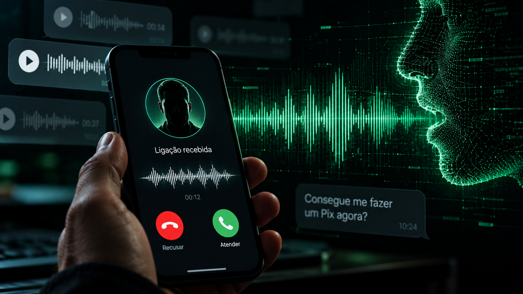 Celular recebendo ligação suspeita com representação de voz clonada por inteligência artificial e pedido de Pix.