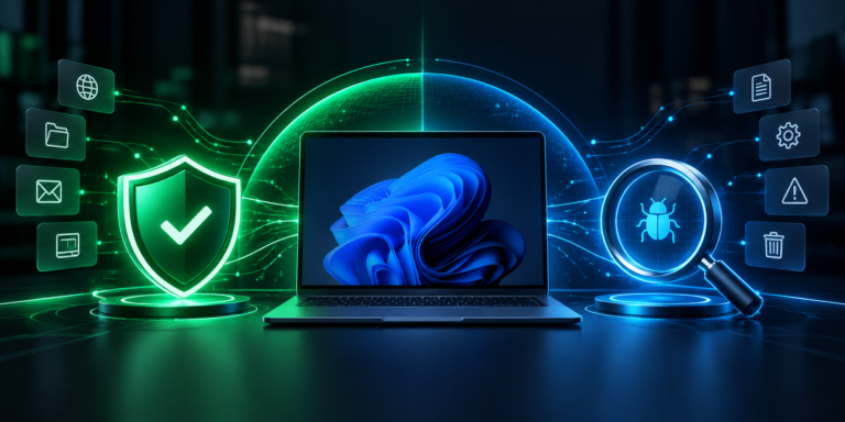 Ilustração das funções de proteção em tempo real e verificação complementar em um computador.