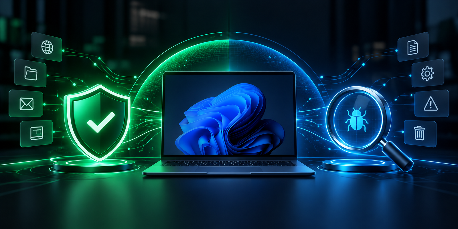 Ilustração das funções de proteção em tempo real e verificação complementar em um computador.
