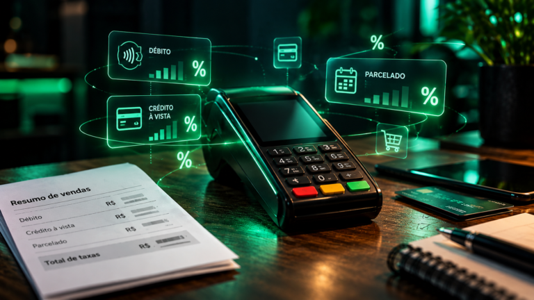 Maquininha de cartão com indicadores digitais de taxas para débito, crédito à vista e parcelamento.
