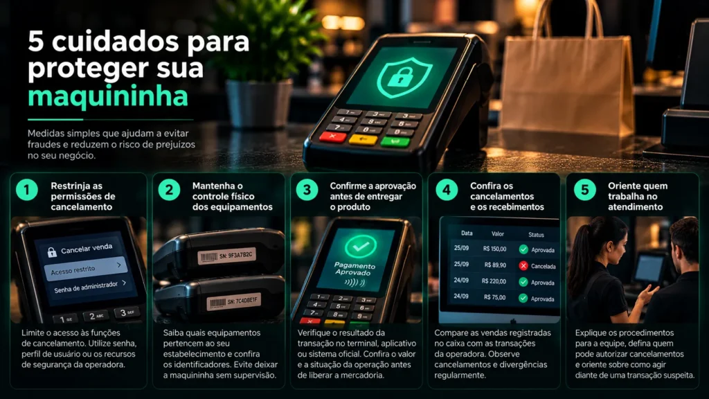 Infográfico com cinco cuidados para proteger maquininhas: restringir cancelamentos, controlar equipamentos, confirmar pagamentos, conferir recebimentos e orientar funcionários.