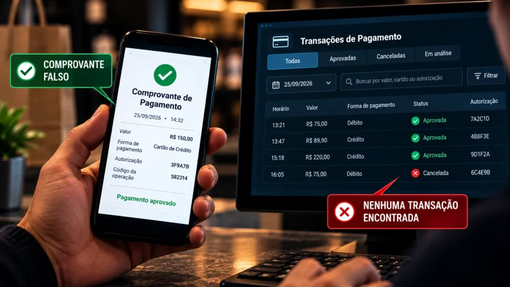 Celular exibe um comprovante de pagamento suspeito enquanto o sistema do comerciante não encontra a transação correspondente.