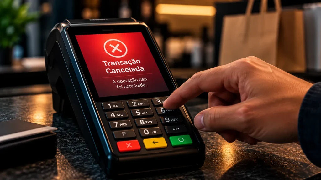 Maquininha de cartão exibe um aviso vermelho de transação cancelada enquanto uma pessoa utiliza o teclado do equipamento.