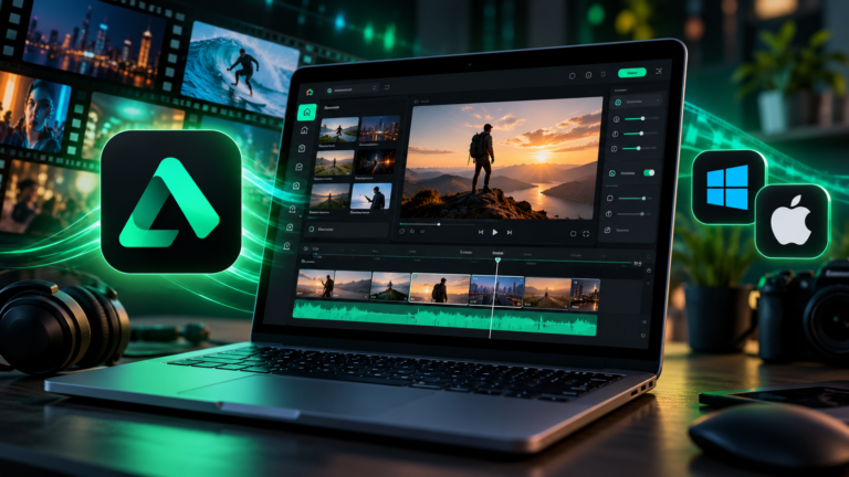 Ilustração de um editor de vídeo em notebook, com linha do tempo, recursos de edição e referências ao AlaukCut para Windows e Mac.