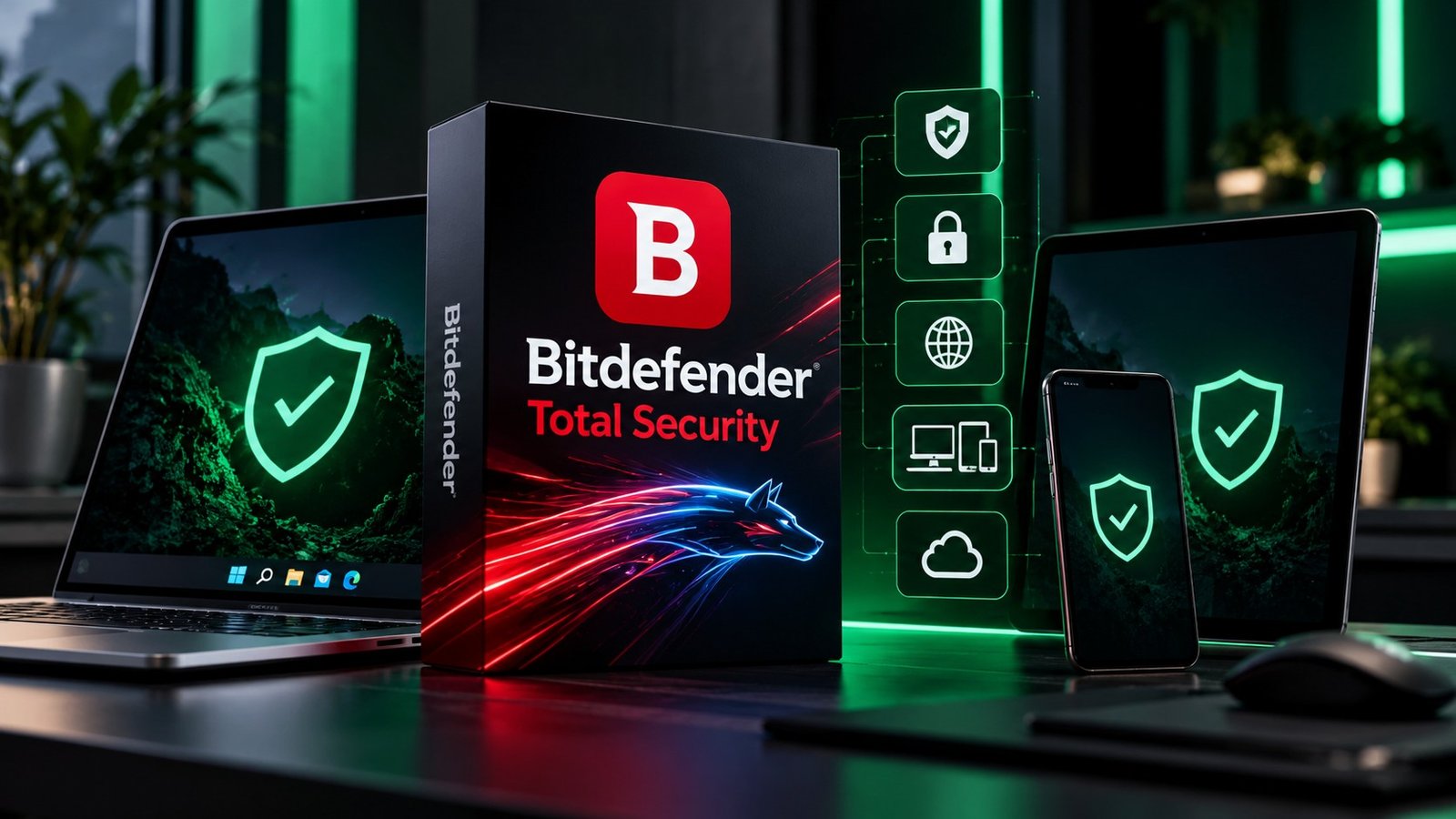 Ilustração do Bitdefender Total Security com computadores e dispositivos protegidos.