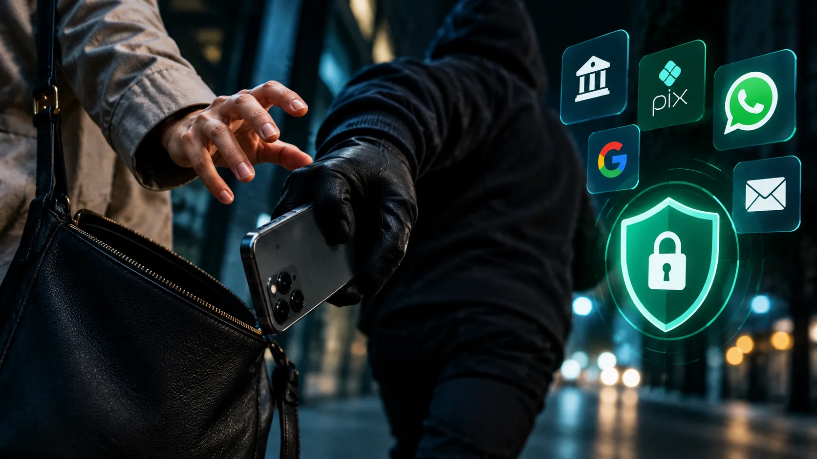 Representação de roubo de celular com ícones de bancos, Pix, WhatsApp e um escudo digital simbolizando a proteção das contas.