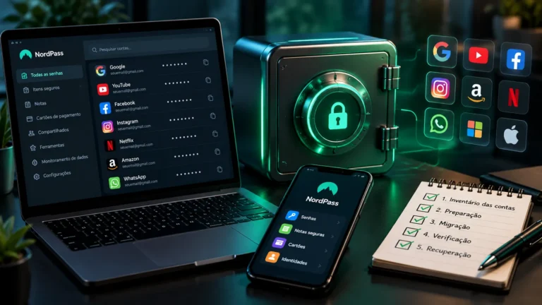 Notebook e celular com gerenciador de senhas ao lado de um cofre digital e checklist de migração segura.