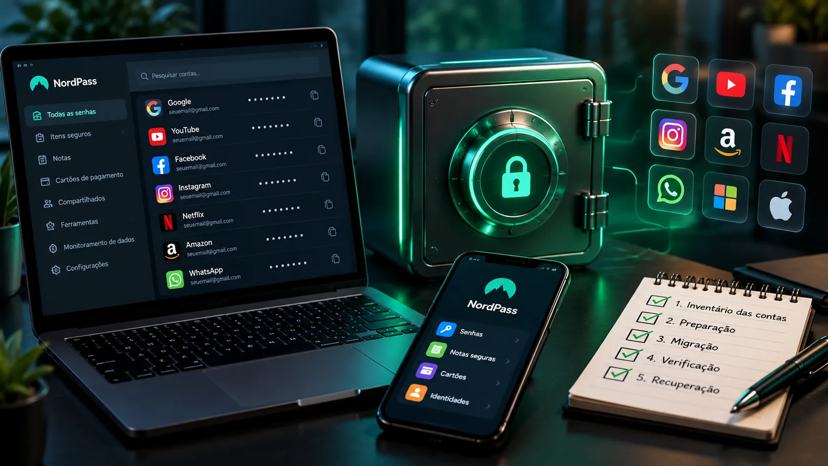Notebook e celular com gerenciador de senhas ao lado de um cofre digital e checklist de migração segura.