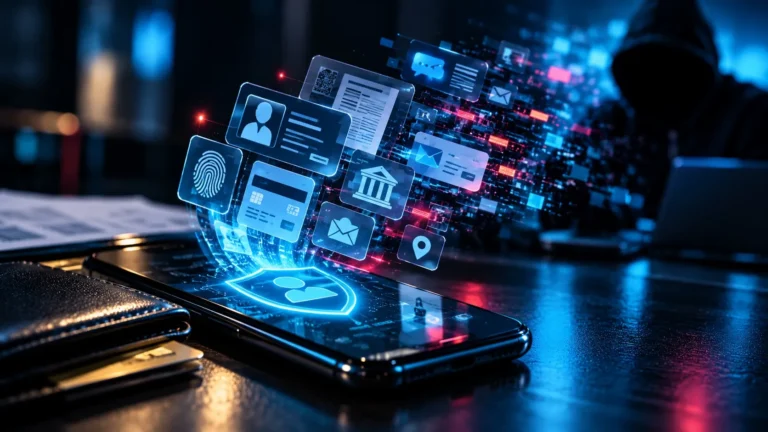 Celular com documentos e informações pessoais representados por elementos digitais holográficos, simbolizando exposição de dados e proteção da identidade.