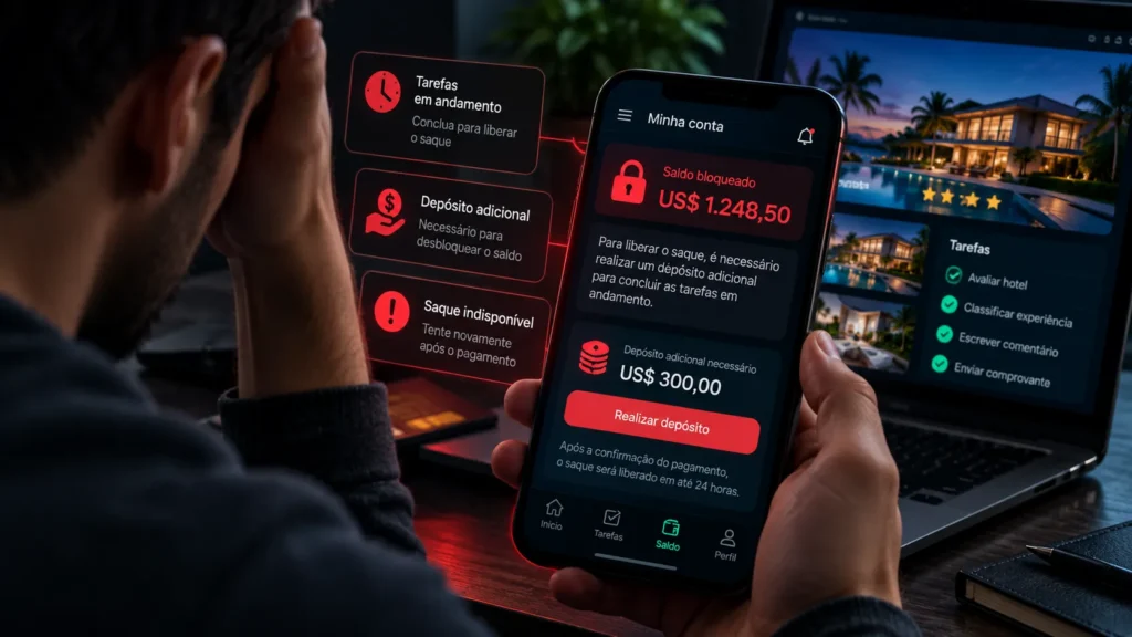 Pessoa preocupada observa no celular uma plataforma fictícia de tarefas que exibe saldo bloqueado e exige um depósito adicional para liberar o saque.
