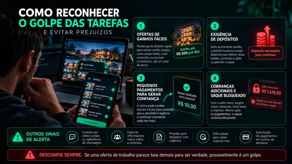 Infográfico sobre o golpe das tarefas com quatro sinais de alerta: promessas de ganhos fáceis, exigência de depósitos, pequenos pagamentos iniciais e cobranças para liberar saques bloqueados.