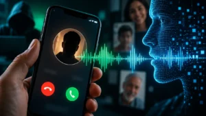 Ilustração de ligação suspeita em um celular, com ondas sonoras e rosto digital representando um golpe com clonagem de voz por IA.