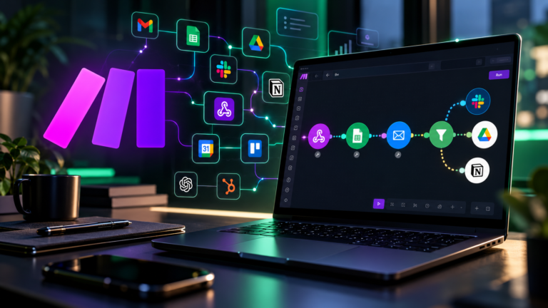 Ilustração do Make conectando aplicativos e automatizando tarefas em um computador.