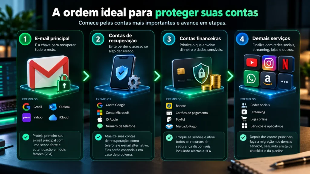 Infográfico com quatro etapas para proteger contas digitais: e-mail principal, recuperação de acesso, contas financeiras e demais serviços.