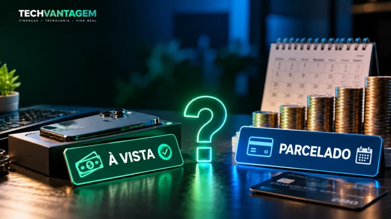 Comparação entre pagamento à vista e parcelado, com celular, cartão, calendário e moedas representando o impacto da compra no orçamento.