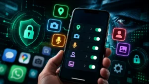 Ilustração de celular com permissões de aplicativos para câmera, microfone, localização, contatos e fotos.