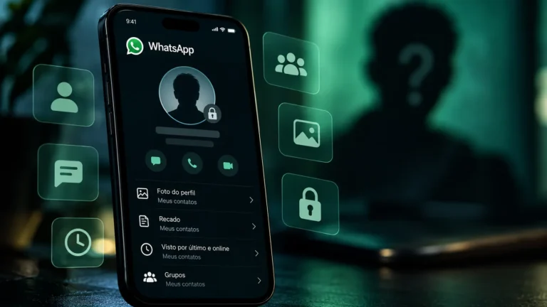 Ilustração de um celular com configurações de privacidade do WhatsApp e uma pessoa desconhecida ao fundo
