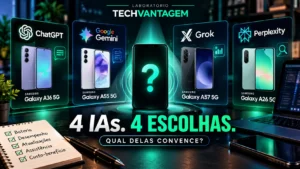 Comparação das recomendações de ChatGPT, Gemini, Grok e Perplexity para smartphones de até R$ 2.500.