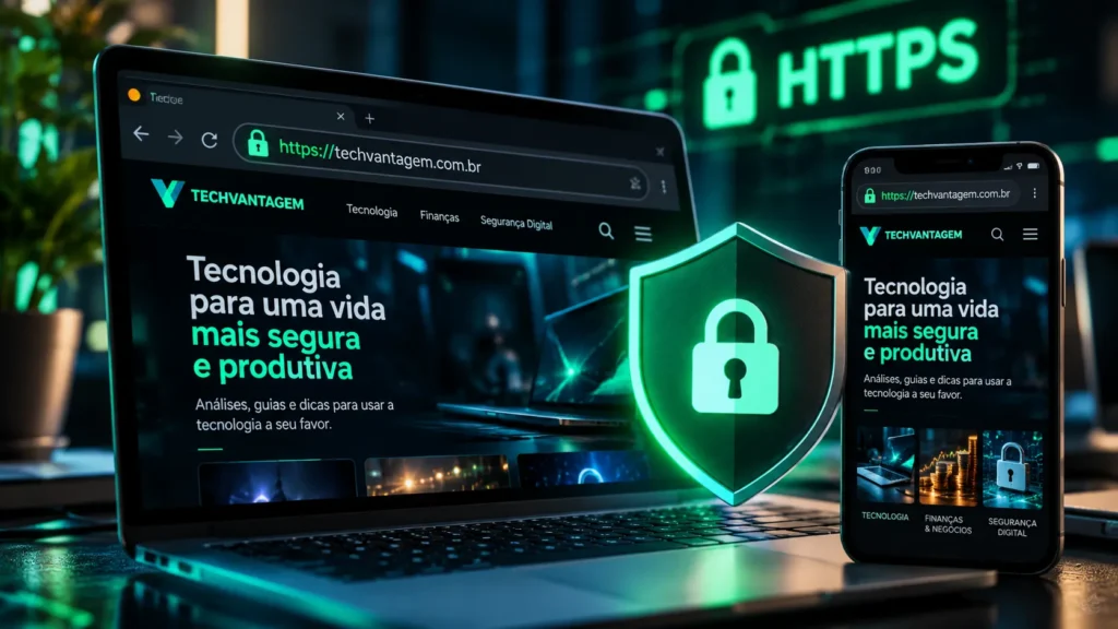 Notebook e smartphone exibindo um site com conexão HTTPS, acompanhados de um escudo digital com cadeado verde.