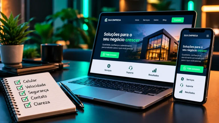 Notebook e celular exibindo um site empresarial, ao lado de uma lista de verificação de navegação, velocidade, segurança, contato e clareza.