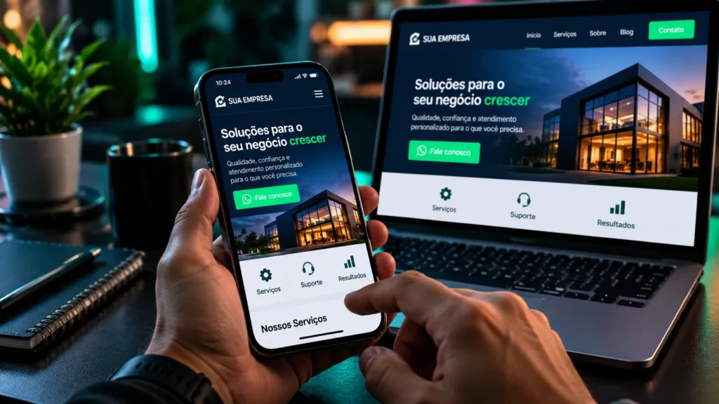 Pessoa testando a versão para celular de um site empresarial, com a mesma página aberta em um notebook ao fundo.
