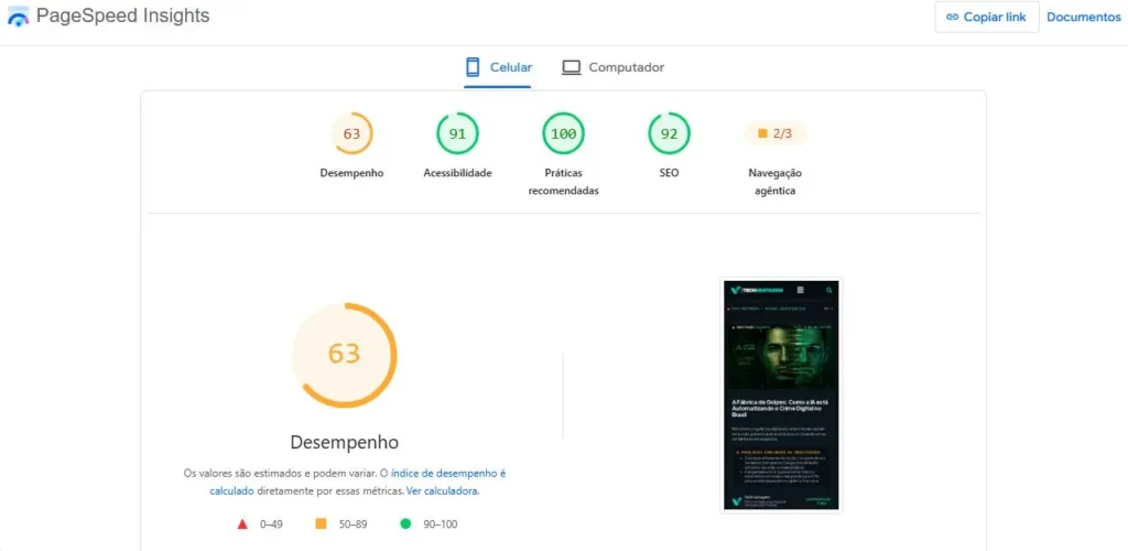 Relatório do Google PageSpeed Insights para celular mostrando desempenho 63, acessibilidade 91, práticas recomendadas 100 e SEO 92.