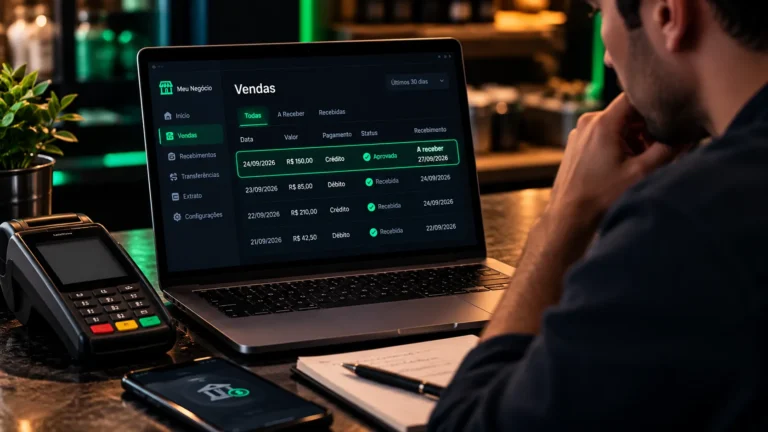 Comerciante consultando recebimentos de vendas em um notebook, com uma maquininha de cartão ao lado.