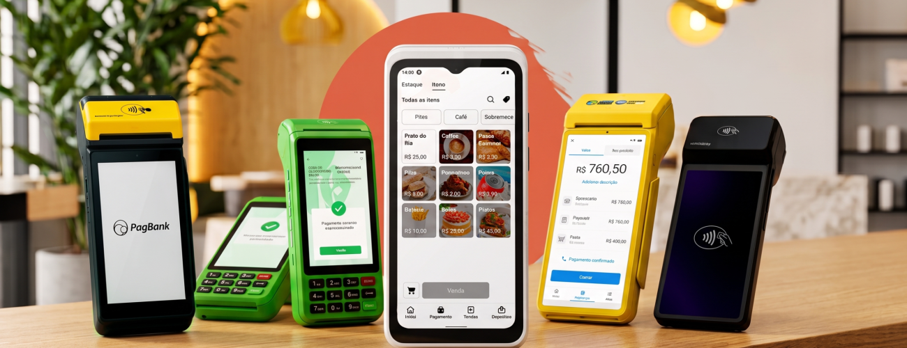 Cinco modelos de maquininha de cartão lado a lado — Ton, PagBank, InfinitePay, Mercado Pago e SumUp, representando as opções de pagamento para pequenos negócios